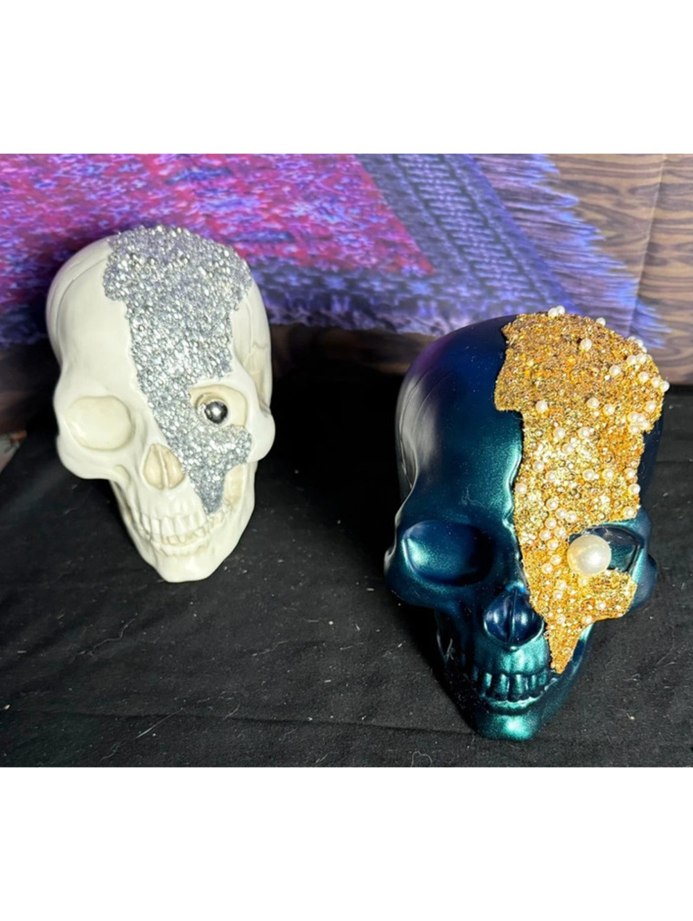 Set of (2) Target Green & White Skulls Pearl Beads Gold
